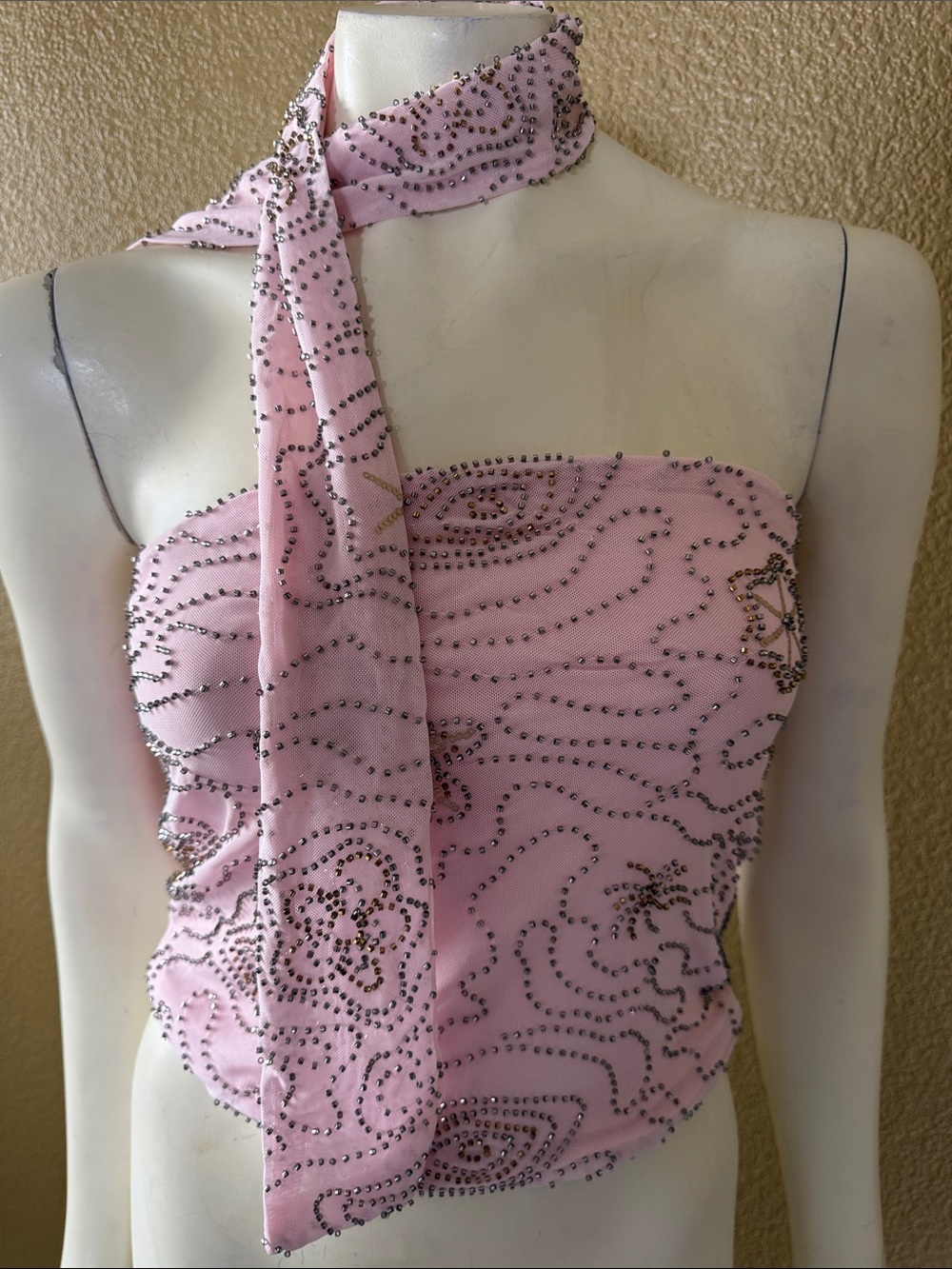 Beaded Pink Strapless Scarf Top - Women's Elegant Evening Blouse